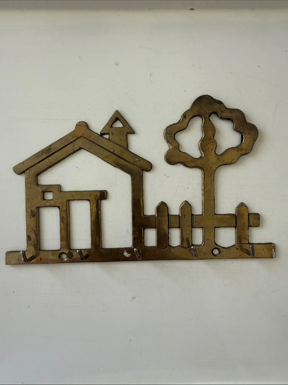 Vintage Whimsical Solid Brass House & Tree Wall Key Holder